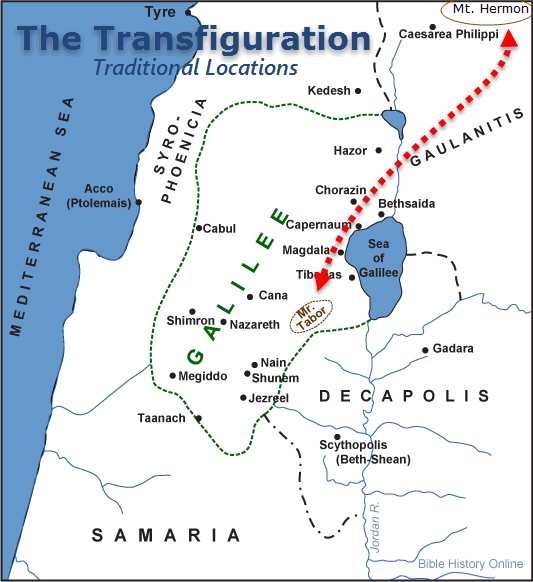 Map Showing the Traditional Locations of the "High Mountain" where the Transfiguration of Jesus Took Place.