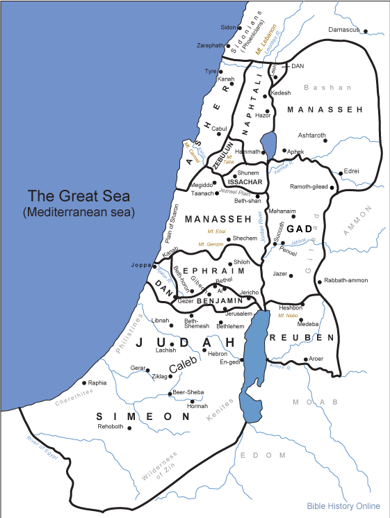 Map of Twelve Tribes of Israel in Canaan