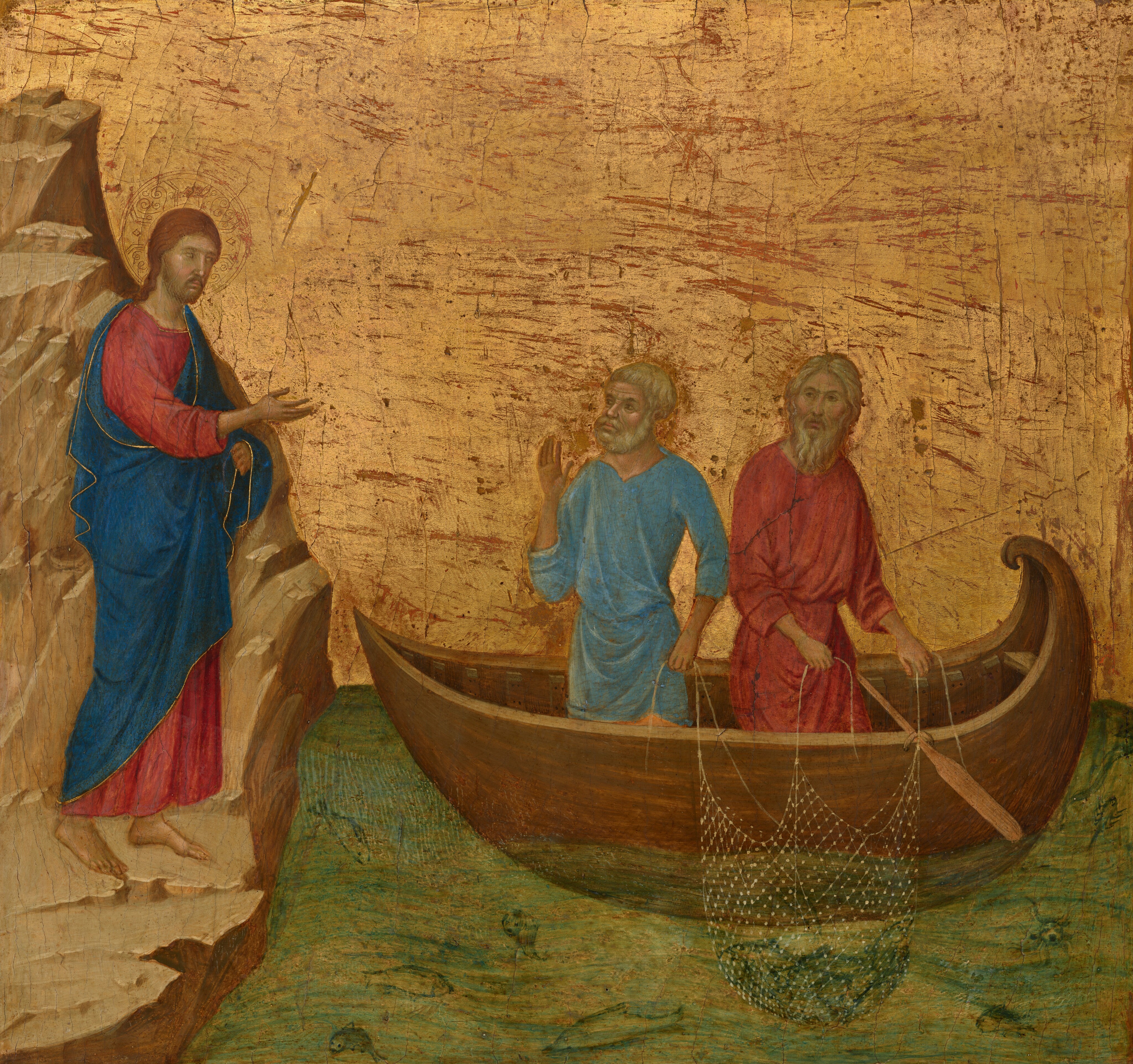 Duccio – Calling of the Apostles Peter and Andrew, from the Maestà (1308–1311), Museo dell’Opera del Duomo, Siena.